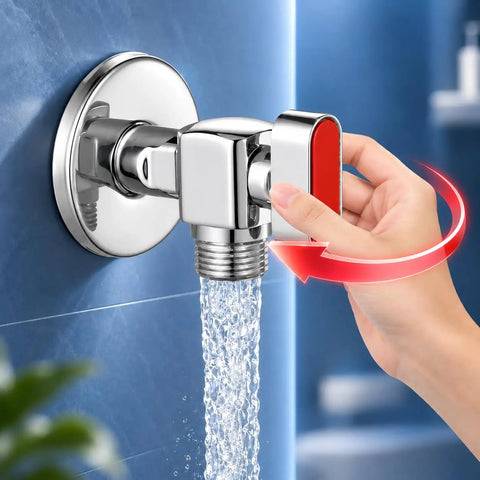 Top Shelf 1/2 Inch Brass Angle Shut Off Valve With Slick Chrome Coating And Hassle Free Red Handle For Heavy Duty Water Heater And Home Plumbing Projects in use with flowing water.