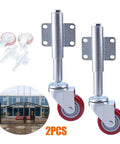 Heavy Duty Gate Casters 2 Pack 220 Lbs Capacity Each Swivel Fence Wheel Rollers With Solid Rubber Tires Smooth Glide Action Built Like A Tank Hassle Free Universal Mount For Yard showing two metal casters with red wheels.