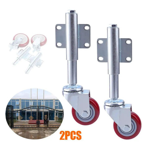 Heavy Duty Gate Casters 2 Pack 220 Lbs Capacity Each Swivel Fence Wheel Rollers With Solid Rubber Tires Smooth Glide Action Built Like A Tank Hassle Free Universal Mount For Yard showing two metal casters with red wheels.