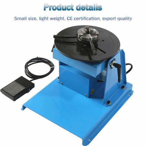 Rock Solid Workhorse Rotary Welding Positioner Turntable With Foot Switch Adjustable 2 To 20 RPM Smooth Operator Stable Ten Kilogram Load Manipulator For Quick Shop Fabrication And Welding Tasks Get Done Right, showing blue turntable with foot pedal.