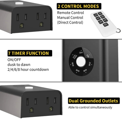 Rock Solid Dual Outlet Outdoor Timer Plug With Dope Slick Wireless Remote Control waterproof GFI receptacle showing timer functions and remote.