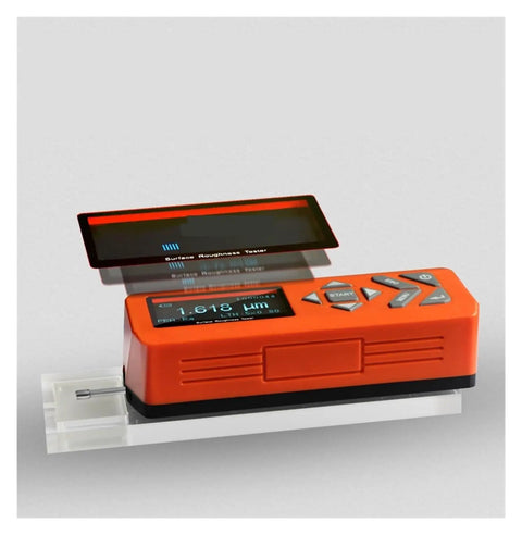 Top Tier Digital Surface Roughness Tester With Glare Free LCD Screen Portable Profile Gauge For Smoother Metal Jobs And Zero Hassle Production Line Checks shown measuring surface finish.