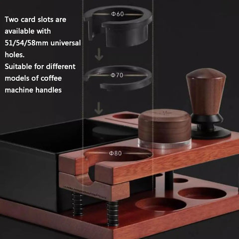 Top Shelf Solid Walnut Espresso Knockbox Station With Five Dedicated Slots For 51 54 And 58 Millimeter Portafilters showing card slots and tamper.