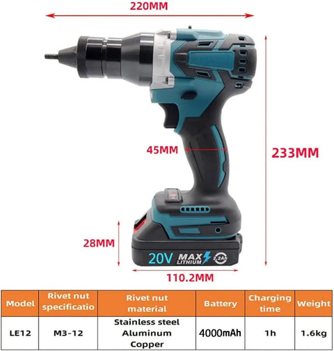 Heavy Duty Cordless Rivet Gun With Bright LED Panel And Dual Speed Modes Makes M3 To M12 Blind Nut Pulling A No Sweat Job On Steel Iron Or Aluminum Projects, showing dimensions and features.