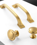 Brushed Gold Cabinet Hardware Three Inch Center To Center Drawer Pulls Ten Pack Heavy Duty Solid Metal kitchen handles on white surface.