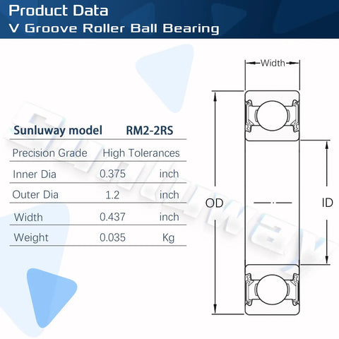 Product data for 16 Pack Rm2 2Rs Three Eighths Inch Double Rubber Sealed Mini Ball Bearings with dimensions and specifications.