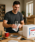 Man using Top Shelf Foam Packing Sheets 100 Pack 12X12 Inch 1/16 Thick Polyethylene for wrapping glass.