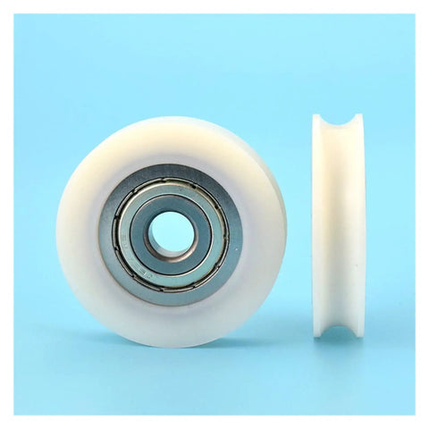 10 Pack U Groove Nylon Pulley Wheels Featuring Plastic Coated Bearings With A 12mm Bore And 60mm Diameter viewed from front and side