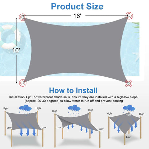Diagram showing installation and features of 10x16 Outdoor Shade Sail Rectangle Waterproof UV Block Sun Shade For Backyard Deck Patio Garden And Outdoor Activities In Light Grey 280 GSM Polyester Delivers 98% UV Block And 90% Shade To Beat The Heat