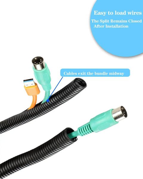 One Quarter Inch Wire Loom Split Tubing 100 Ft Black Cord Protector for wires and hoses with visible cables exiting