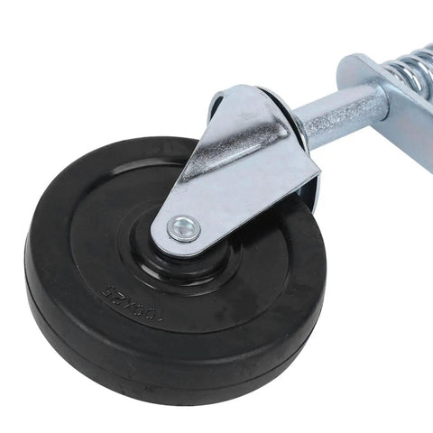 Close-up of Heavy Duty Spring Loaded Gate Caster With Butter Smooth 360 Swivel Fence Hubs and Shock Resistant Treads on a black wheel.