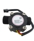Water Flow Sensor 5-18V Hall Effect Flowmeter For DC Liquid Monitoring, 1-1/4 Inch Size, black body with wiring, top view.
