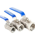 Rock Solid Stainless Steel Electric Ball Valve Plumbing Connector For High Pressure Pneumatic Fluid Lines With Precision On Off Shutoff And Corrosion Proof Design For Water Air Oil Gas Systems Pro Built Tough Quality, three sizes with blue handles.