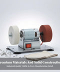 Rock Solid 150W Desktop Electric Grinding Machine Featuring Hella Strong Dual Spin Polisher showing dual spin pads on a metal frame.