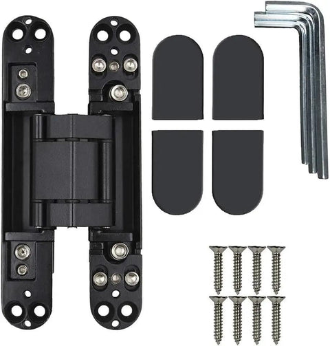 Top Tier Six Inch Hidden Door Hinges With Dead Simple Three Dimensional Tuning And Workhorse Zinc Alloy Build For Smooth Heavy Duty Swings On Flush Panels Up To Forty Four Pounds Load, includes screws and tools.