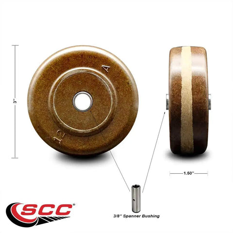 High Temperature Phenolic Caster Wheel Crafted Tough As Nails For Heavy Duty Warehouse Equipment Delivers Rock Solid Performance With A 3 Inch By 1.5 Inch Tread And 3 Eighth Inch Bore Handles 400 Lbs Smoothly, side and front view, 3 inch size.