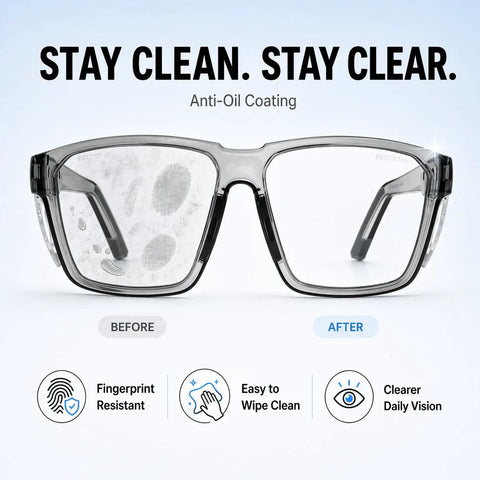 Built Tough Photochromic Safety Glasses With Auto Darkening Lenses Shifting From Clear Indoor View To Dark Shades Outside showing before and after anti-oil coating.