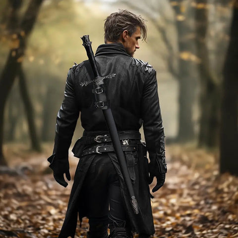 Person wearing Medieval Leather Back Sword Shoulder Frog With Adjustable Sheath Holster For Renaissance Warrior Costumes