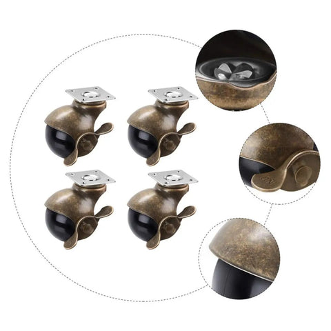 Set of 4 Vintage Brass Plate Caster Wheels 2 Inch Ball Bearing Swivel Casters with Locking Brakes for Furniture Tables and Chairs Indoor Outdoor Seamless Glide Rock Solid, showing detailed angles.