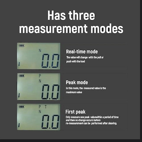 Digital Force Gauge Handheld Push Pull Tester Meter with display showing three measurement modes for accuracy and material testing.