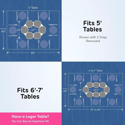 Expandable Light Gray Lazy Susan Turntable For Rectangular Dining Tables showing fit for 5' and 6'-7' tables with trays removed.