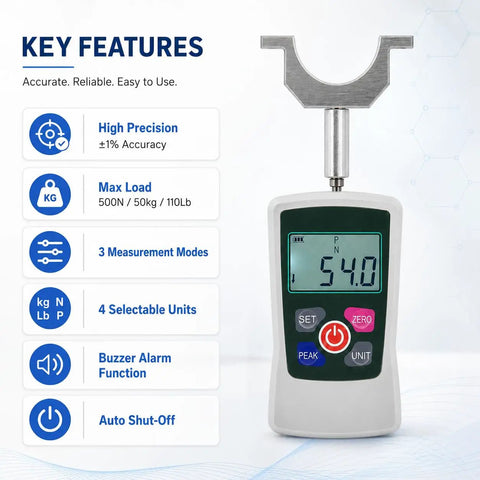 Portable Digital Handheld Dynamometer For Grip Strength Testing And Muscle Endurance Tracking With Dead On Accuracy showing LCD display and load hook.