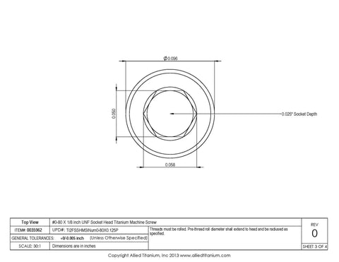 Top view diagram of Professional Grade Hella Rugged Number Zero By Eighty Thread By One Eighth Inch Unf Socket Head Machine Screws.