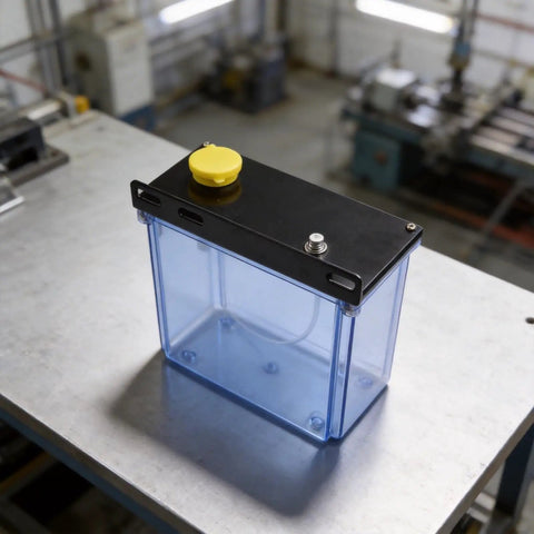 3L Cnc Coolant Tank For Router Milling Machine With Integrated Filter System Transparent Water Box Reservoir view from top showing yellow cap