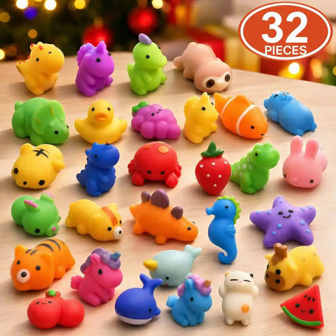 Premium Total Knockout 32 Pack Mochi Squishy Toys Kawaii Animals assortment in various colors and shapes, ideal for stress relief toys.