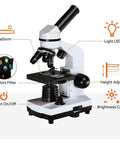 Epic Biological Microscope for Home Learning with Slides Set and Phone Adapter, 250X 1000X 2500X Magnifications shown with light features and controls