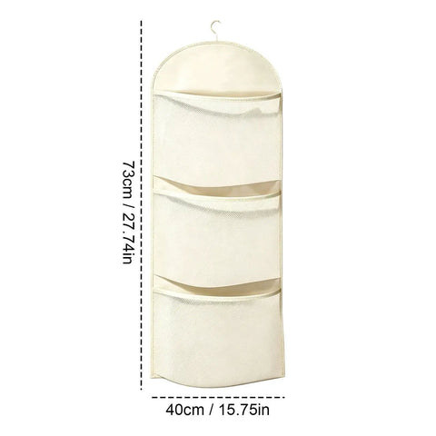 Compact Triple Tier Hanging Closet Organizer With Airy Mesh Pockets Ideal For Bras Bottoms And Socks featuring three shelves for storage.