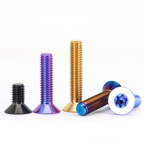 Premium Grade Five Titanium Countersunk Screws And Flat Head Bolts Four Pack M4 M5 M6 M8 assorted colors and sizes.