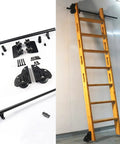 Badass Heavy Duty Rolling Ladder Track Rig With Slick Sliding Barn Door Hardware For Closet Loft Or Library Hella Smooth Glide Floor Wheels Extension Rail Full Setup Kit components and wooden ladder installed.