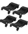Heavy Duty Car Dolly 4 Pack With Locking Wheels And Reinforced Steel Deck 6000 Lbs Capacity Auto Mover Kit For Garage Crews No Sweat Setup That Makes Rolling Heavy Rides Totally Effortless Now, four black moving dollies with swivel wheels.