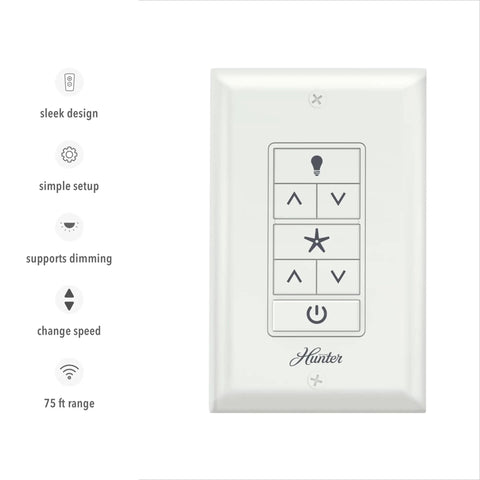 Universal Ceiling Fan Wall Control Switch With Full Range Light Dimmer That Makes It A No Brainer To Dial In Fan Speed And Light Level In One Indoor Unit Fits Standard Wall Boxes White, showing sleek design and features.