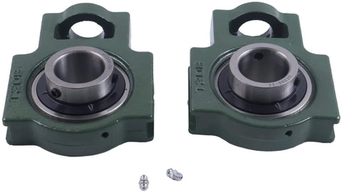 Two 1-1/2 Inch Pillow Block Take-Up Mounted Ball Bearings UCT208-24 UCST208-24 with visible shafts and screws