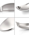 Close-up views of 5 Pack Brushed Nickel Cup Cabinet Pulls With 3 Inch Hole Centers And 3.7 Inch Overall Length Zinc Alloy Drawer Handles.