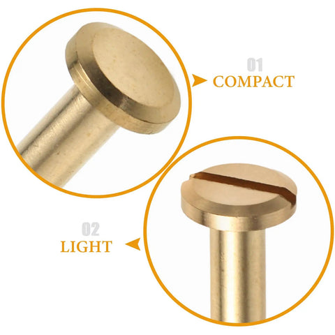 Close-up of golden copper binding screw showing compact design and light material for scrapbooking and bookbinding projects.