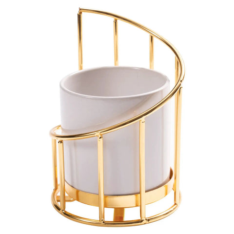 White And Gold Ceramic Pen Holder With Metal Frame For Desk Aesthetic Pencil Cup And Makeup Brush Organizer Chic Office Desk Accessory