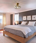 Bedroom with 12 Inch Vintage Brass Semi Flush Mount Ceiling Light With Diamond Glass Dome Gold Copper Finish.