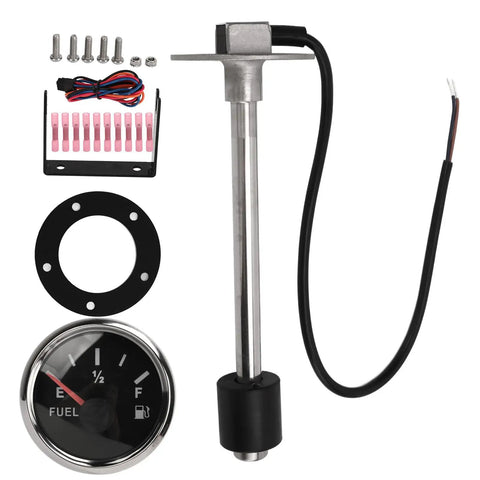 Premium Fuel Sender Unit Set Crafted From 316 Stainless Steel Featuring A 52mm Fuel Gauge With Dead Accurate Real Time Level Tracking Built Tough For Boat Car Truck Rv Marine Bus Ship And Generator, includes sender, gauge, and connectors.