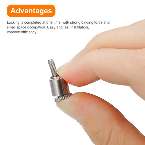 Hand holding High Grade Stainless Steel Spring Loaded Panel Screws M3 0.5 By 9.5mm With Knurled Heads fastener for PCB mounting.
