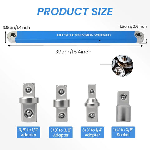Offset Extension Wrench Set With Zero Degree Ratchet Extension For Tight Spaces, Impact Ready, size and adapters shown