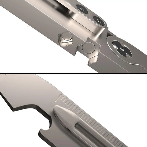 Close-up of Titanium EDC Pry Bar Multitool All In One With Bottle Opener, Pocket Clip, Wrenches, Box Opener, Keychain Screwdriver