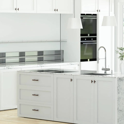 Modern kitchen featuring 10 Pack 5 Inch Hole Center Cabinet Pulls With Authentic Wood Grain Look And Charcoal Black Zinc Body.