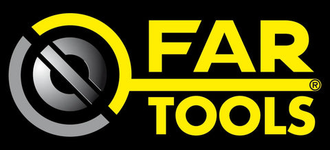 FAR TOOLS logo design on black background featuring a sleek circle and bold yellow lettering.