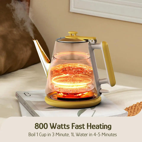 Retro 1L Electric Kettle Cordless 800W Fast Boil Double Wall 304 Stainless Steel BPA Free Auto Shut Off Compact One Cup Brew Buddy For Tea And Coffee Eduardo Recife Collaboration Edition in use, boiling water.
