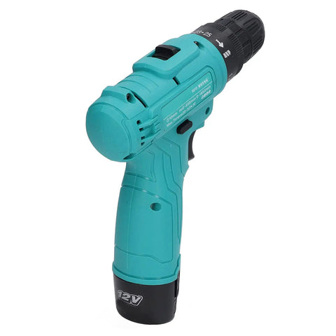 12V Cordless Drill Driver Boasting Hella Torque Up To 52 Newton Meters Quick Change Chuck Dual Gearing Heavy Cell Battery Tough Frame Built For Hardcore Wood And Steel Boring Tasks side view of drill with ergonomic handle and chuck