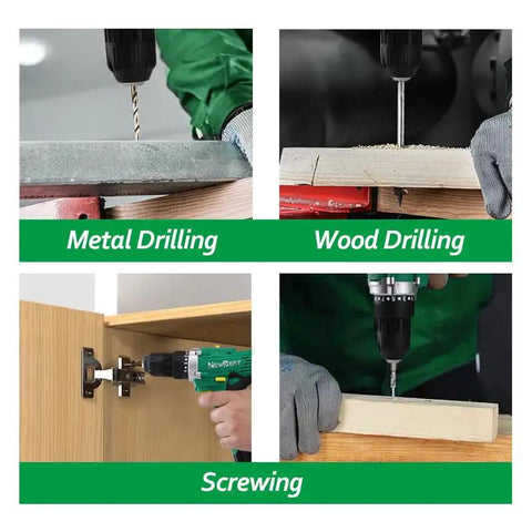 Rock Solid 12V Cordless Drill Set With Keyless Chuck And Two Speed Gearbox in use for metal, wood drilling, and screwing.