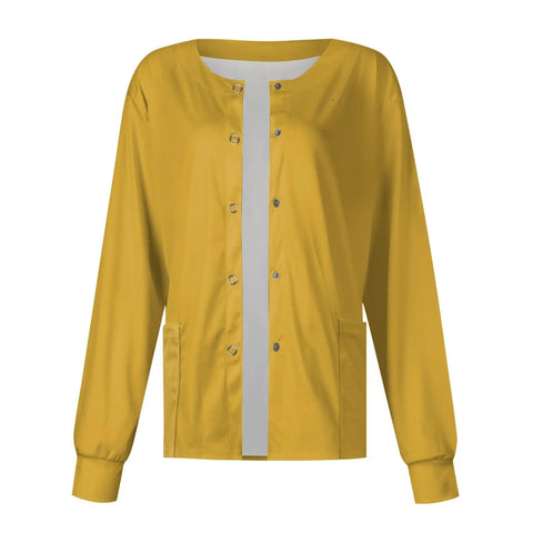 Chic Print Nurse Jacket Long Sleeve Button Down Plus Size Scrubs Medical Workwear Uniform with secure chest pockets in yellow.
